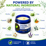 Impetigo Treatment Cream surrounded by natural ingredients including tea tree, aloe vera, coconut oil, neem, chamomile, lavender, eucalyptus, and turmeric.