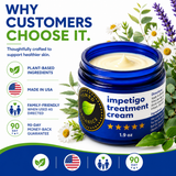 Impetigo Treatment Cream highlighting plant-based ingredients, Made in USA quality, family-friendly use as directed, and a 90-day money-back guarantee.