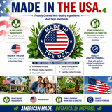 Made in the USA infographic highlighting plant-based ingredients, quality crafted formula, family-friendly use as directed, and American manufacturing standards.