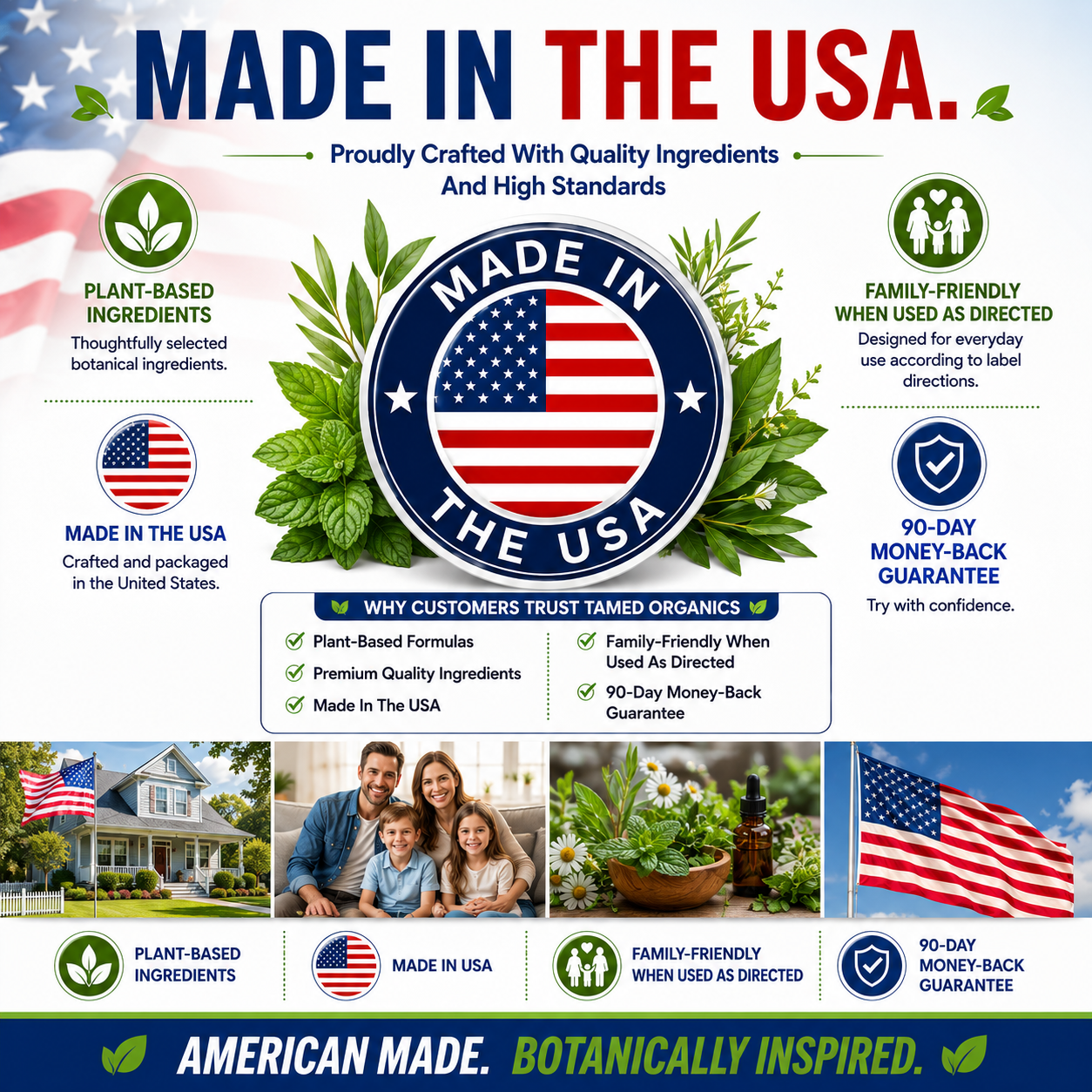 Made in USA trust image featuring Tamed Organics quality standards, plant-based ingredients, family-friendly formulas when used as directed, and a 90-day money-back guarantee.
