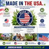 Made in USA trust image featuring Tamed Organics quality standards, plant-based ingredients, family-friendly formulas when used as directed, and a 90-day money-back guarantee.