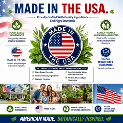 Made in USA trust image featuring Tamed Organics quality standards, plant-based ingredients, family-friendly formulas when used as directed, and a 90-day money-back guarantee.