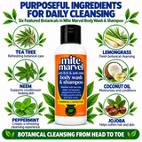 Mite Marvel Body Wash and Shampoo feature tea tree, neem, peppermint, lemongrass, coconut oil, and jojoba for daily head-to-toe cleansing.