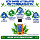 Five-step guide for Mite Marvel Body Wash & Shampoo: wet hair and skin, step away from running water, apply and wait 2–3 minutes, rinse, and use daily.