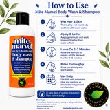 Mite Marvel Body Wash & Shampoo how-to-use directions for daily skin and hair cleansing.