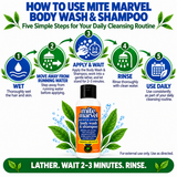 Five-step guide for Mite Marvel Body Wash & Shampoo: wet hair and skin, step away from running water, apply and wait 2–3 minutes, rinse, and use daily.