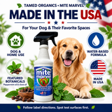 Mite Marvel spray beside a golden retriever with Made in USA, dog and home use, water-based formula, and featured botanical badges.