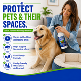 Mite Marvel Flea & Mite Spray for dogs and pets, shown being applied to a dog's coat. Plant-based spray helps support flea control on pets, pet bedding, resting areas, and around the home.