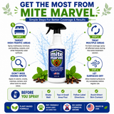 Mite Marvel usage guide infographic showing four simple steps for better mite control, including treating high-traffic areas, targeting cracks and crevices, treating multiple areas at once, and allowing surfaces to dry completely. Features plant-based formula, pet-friendly use when directed, low-odor formula, and Made in USA quality.