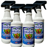 Four bottles of mite marvel spray on a white background