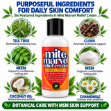 Mite Marvel Relief Cream featuring tea tree, neem, coconut oil, clove, MSM, and chamomile for daily skin comfort and conditioning.