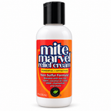 Mite Marvel Relief Cream for human mites in a 4 oz bottle with a non-sulfur formula containing tea tree, neem, coconut oil, clove, MSM, and chamomile.