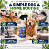 Mite Marvel spray with a golden retriever and a dog and home routine showing brushing, washing pet bedding, vacuuming, and using as directed.
