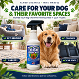 Tamed Organics Mite Marvel spray beside a golden retriever, with pet bedding, couches, carpets, and car seats shown as application areas.
