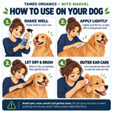 Mite Marvel dog application guide showing shaking the bottle, applying lightly, drying and brushing, and outer ear care.