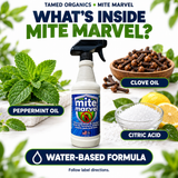 Tamed Organics Mite Marvel spray with peppermint oil, clove oil, and citric acid ingredient highlights and a water-based formula callout.