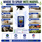 Mite Marvel plant-based mite spray infographic showing where to use the spray throughout the home, including mattresses, furniture, pet bedding, vehicles, carpets, curtains, cracks and crevices, coops, barns, and growing areas. Features a low-odor formula, pet-friendly use when directed, and Made in USA quality.