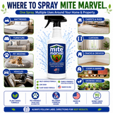 Mite Marvel plant-based mite spray showing where to spray throughout your home, including mattresses, furniture, pet bedding, vehicles, carpets, curtains, cracks and crevices, coops, barns, and growing areas. Family-friendly when used as directed, low-odor formula, made in the USA.