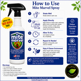 A product information graphic for Mite Marvel Bed Bug Spray. The left side shows the black spray bottle with its blue and red label, alongside a yellow 'Great for Bed Bugs Too!' badge.