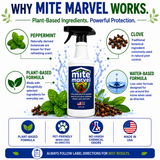 Mite Marvel plant-based mite spray featuring peppermint, clove, and water-based ingredients for use on furniture, bedding, carpets, pet areas, and around the home. Made in the USA with a low-odor formula.