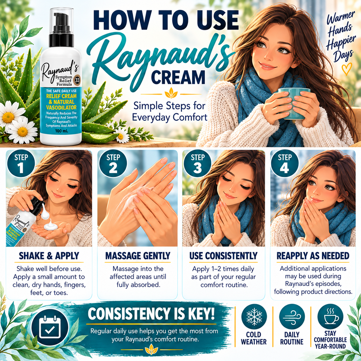Tamed Organics Raynaud's Cream illustrated application guide showing four steps: shake well and apply, massage gently into skin, use 1–2 times daily, and reapply as needed during Raynaud's episodes. Features the updated botanical formula with Magnesium and L-Citrulline.