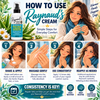 Tamed Organics Raynaud's Cream illustrated application guide showing four steps: shake well and apply, massage gently into skin, use 1–2 times daily, and reapply as needed during Raynaud's episodes. Features the updated botanical formula with Magnesium and L-Citrulline.