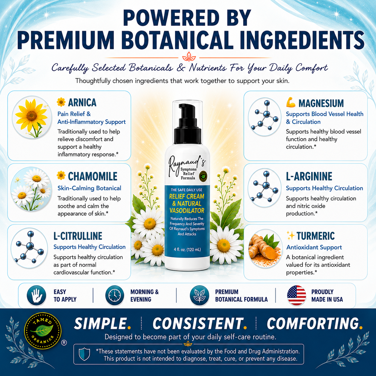 Tamed Organics Raynaud's Cream featuring premium botanical ingredients, including aloe, arnica, chamomile, turmeric, magnesium, and L-citrulline in the updated formula.