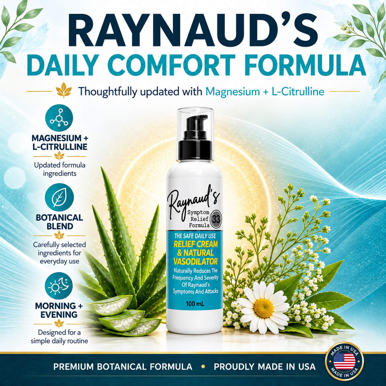 Tamed Organics Raynaud’s Daily Comfort Formula features magnesium, L-Citrulline, and botanical ingredients for everyday hand and foot comfort.