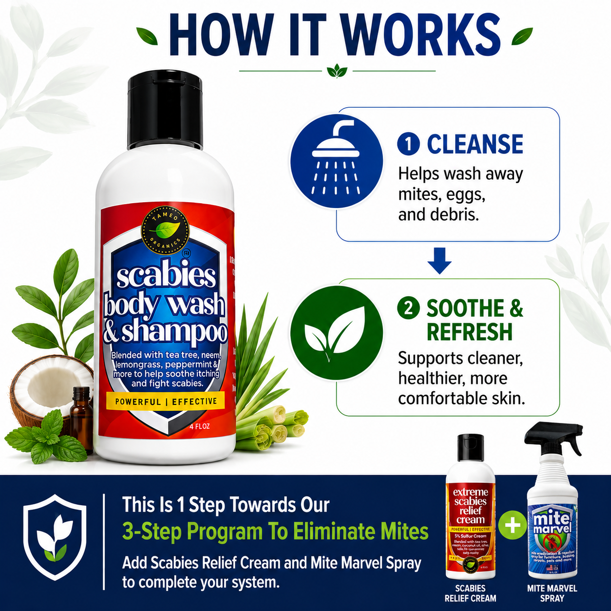 Scabies Body Wash & Shampoo how it works infographic with cleansing, soothing benefits, and 3-step scabies treatment system.