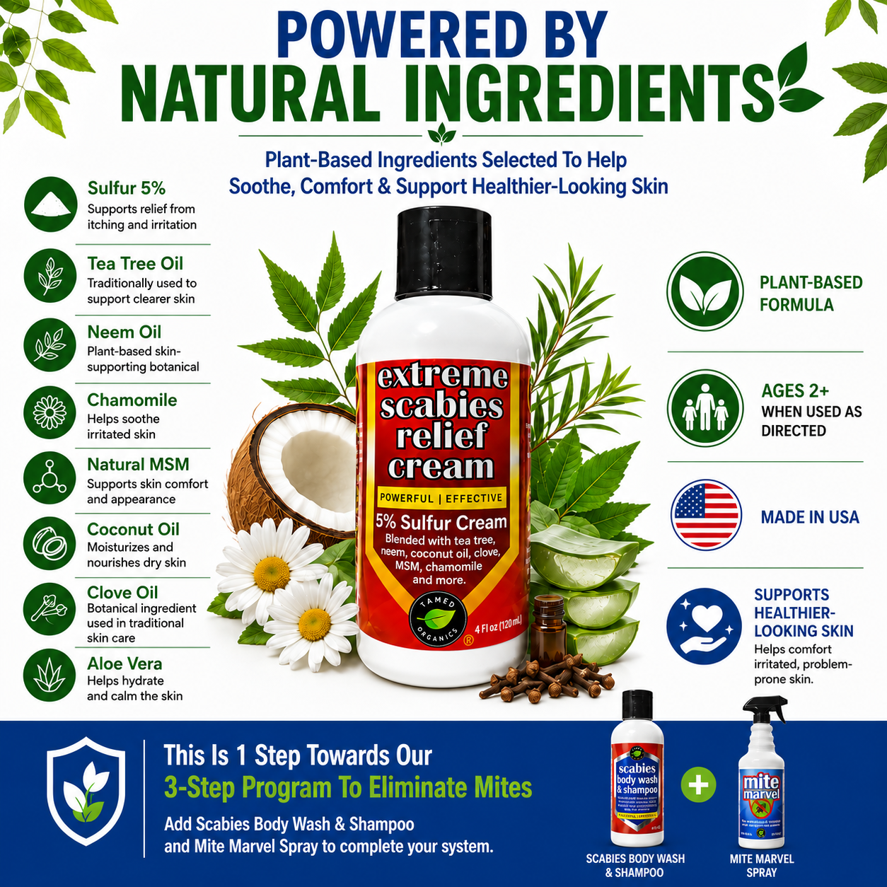 Extreme Scabies Relief Cream features sulfur, tea tree, neem, chamomile, coconut oil, and aloe as part of a plant-based scabies skin care formula.