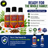 3-Pack Extreme Scabies Relief Cream featuring three 4 oz bottles with plant-based ingredients, 90-day guarantee, and support for itching, redness, irritation, and healthier-looking skin. Part of Tamed Organics' 3-step mite elimination system.