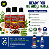 3-Pack Extreme Scabies Relief Cream featuring three 4 oz bottles with plant-based ingredients and support for itching, redness, irritation, and healthier-looking skin. Part of Tamed Organics' 3-step mite elimination system.