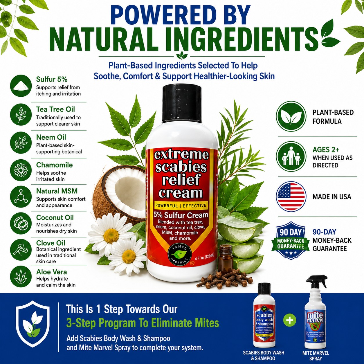 Extreme Scabies Relief Cream featuring sulfur, tea tree, neem, chamomile, coconut oil, and aloe as part of a plant-based scabies skin care formula.