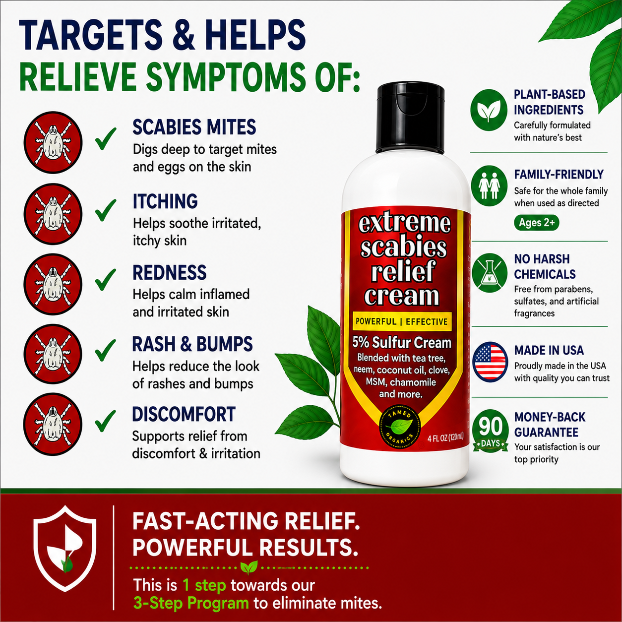 Scabies Relief Cream with 5% sulfur for itching, redness, rash, and scabies mite symptom relief.