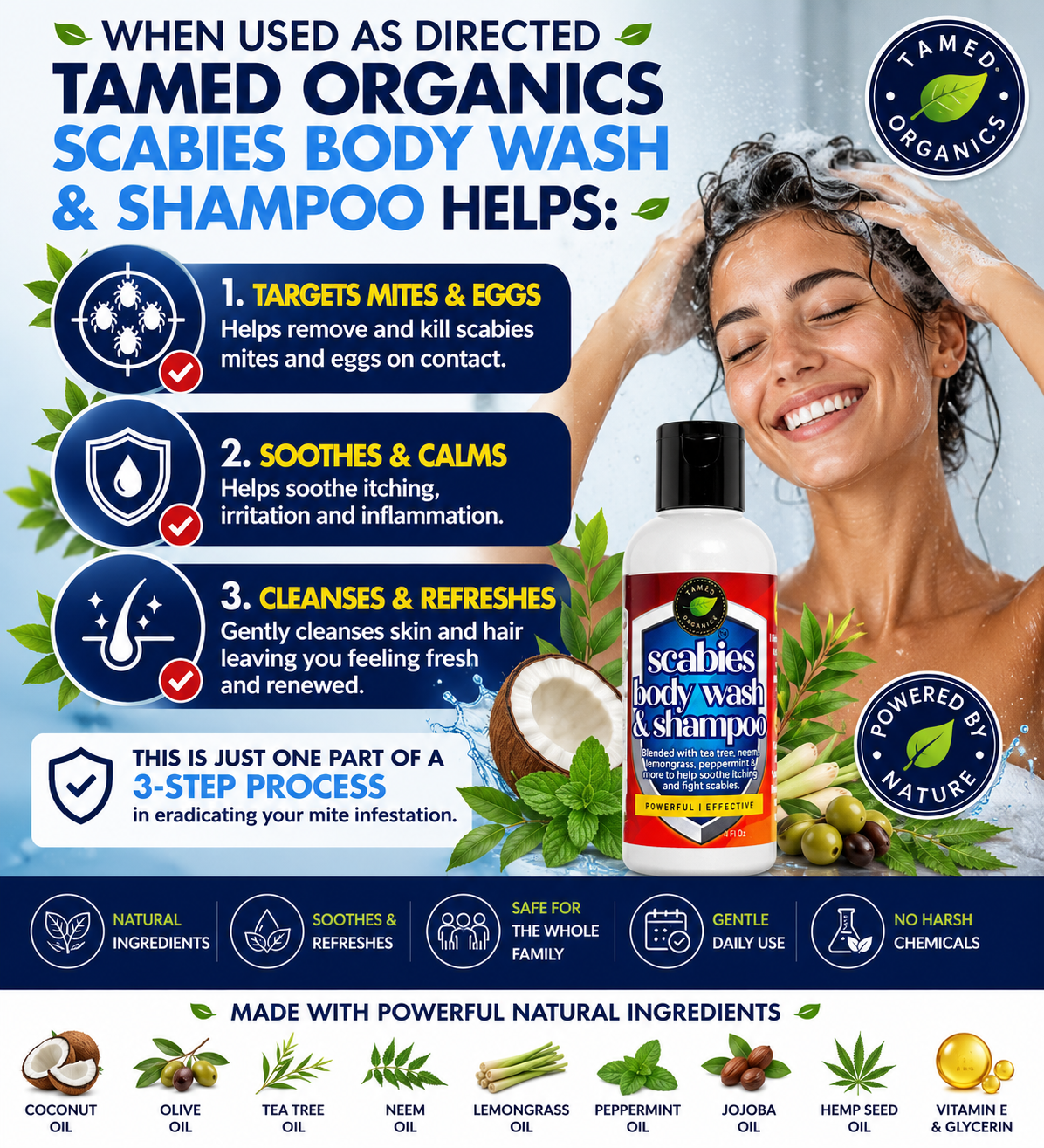 Natural Scabies Body Wash & Shampoo helps target scabies mites and eggs, soothe itching and irritation, and cleanse skin and hair with tea tree, neem, peppermint, and lemongrass oils.