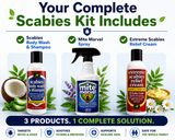 Complete Scabies Kit including Scabies Body Wash & Shampoo, Mite Marvel Spray, and Extreme Scabies Relief Cream for mite treatment, itch relief, and skin support.