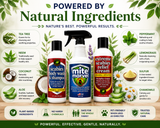 Natural scabies treatment kit featuring Scabies Body Wash & Shampoo, Mite Marvel Spray, and Extreme Scabies Relief Cream with tea tree, neem, coconut, aloe, peppermint, lemongrass, sulfur, and chamomile.