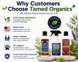 Complete Scabies Kit by Tamed Organics with Scabies Body Wash & Shampoo, Mite Marvel Spray, and Extreme Scabies Relief Cream featuring plant-based ingredients and a 90-day money-back guarantee.