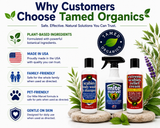 Complete Scabies Kit by Tamed Organics with Scabies Body Wash & Shampoo, Mite Marvel Spray, and Extreme Scabies Relief Cream featuring plant-based ingredients. 