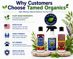 Complete Scabies Kit by Tamed Organics with Scabies Body Wash & Shampoo, Mite Marvel Spray, and Extreme Scabies Relief Cream featuring plant-based ingredients. 