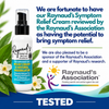 Tamed Organics Raynaud’s Symptom Relief Cream, reviewed by the Raynaud’s Association as having the potential to bring symptom relief. Features the 100 mL cream bottle and highlights Tamed Organics’ sponsorship and support of Raynaud’s research.