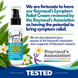 Tamed Organics Raynaud’s Symptom Relief Cream, reviewed by the Raynaud’s Association as having the potential to bring symptom relief. Features the 100 mL cream bottle and highlights Tamed Organics’ sponsorship and support of Raynaud’s research.