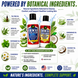 Tamed Organics Complete Tinea System ingredients image featuring Tinea Body Wash and Tinea Cream with tea tree oil, neem oil, peppermint oil, aloe vera, chamomile, lemongrass, and coconut oil to support healthier-looking skin naturally.