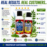 Tamed Organics Complete Tinea System customer reviews featuring Tinea Body Wash and Tinea Cream with five-star testimonials from customers using the plant-based formula for ringworm, athlete's foot, jock itch, and tinea versicolor support.