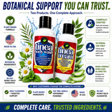 Tamed Organics Complete Tinea System trust and safety image featuring Tinea Body Wash and Tinea Cream with plant-based ingredients, tea tree, neem, and peppermint; made in USA, quality; family-friendly use as directed; and a 90-day money-back guarantee.
