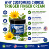 Trigger Finger Cream jar with plant-based ingredients, fast-absorbing, non-greasy formula, made in the USA, and healthy mobility support benefits.