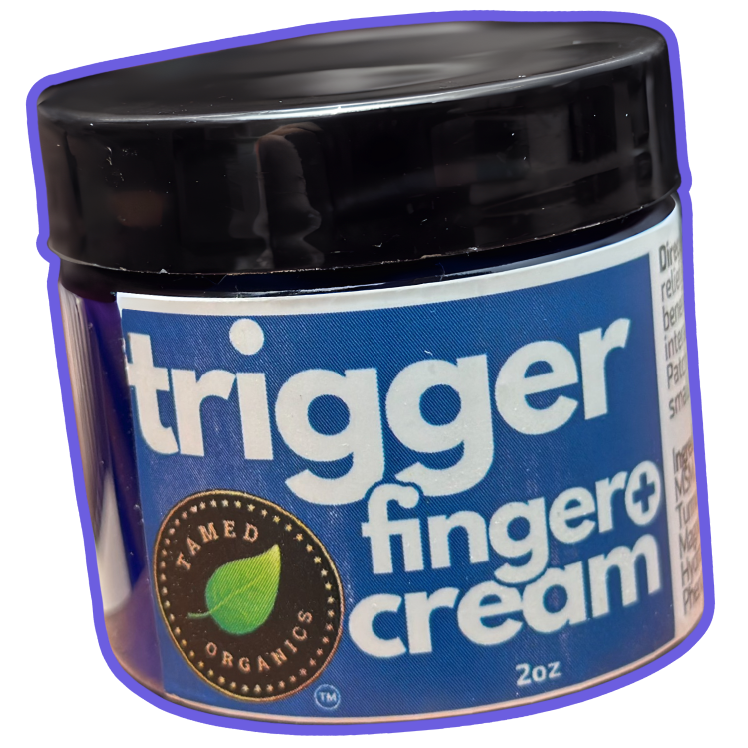 Jar of trigger finger cream with blue label and black lid on a white background