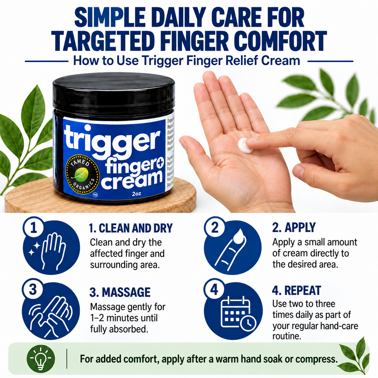 Trigger Finger Relief Cream jar with four daily application steps for targeted finger comfort.