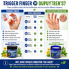 Comparison chart showing the differences between Trigger Finger and Dupuytren's Contracture, including symptoms, hand illustrations, and recommended Tamed Organics products for each condition.