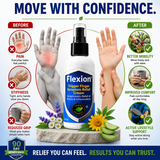 Flexion Trigger Finger Symptom Relief Cream before-and-after infographic comparing pain, stiffness, and reduced grip strength with improved mobility, greater comfort, and active lifestyle support, featuring natural ingredients, hand mobility visuals, and a 90-day money-back guarantee.